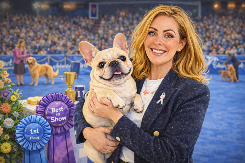 A smiling woman holds a French bulldog, with blue ribbons for 'Best in Show' and '1st Place' displayed in the foreground. A dog show scene is visible in the background, featuring other dogs and spectators.