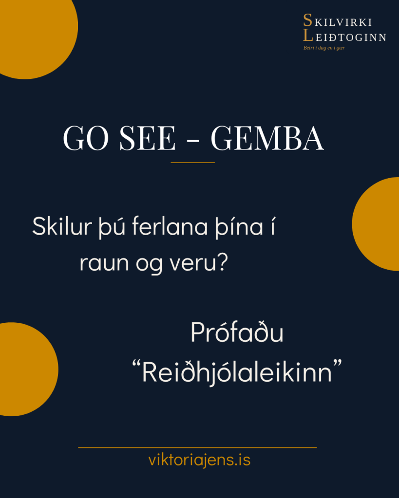 Text graphic featuring the words 'GO SEE - GEMBA' and questions about understanding life in reality. Includes a prompt to try 'Reiðhjólaleikinn' and a website link to viktoriajens.is.