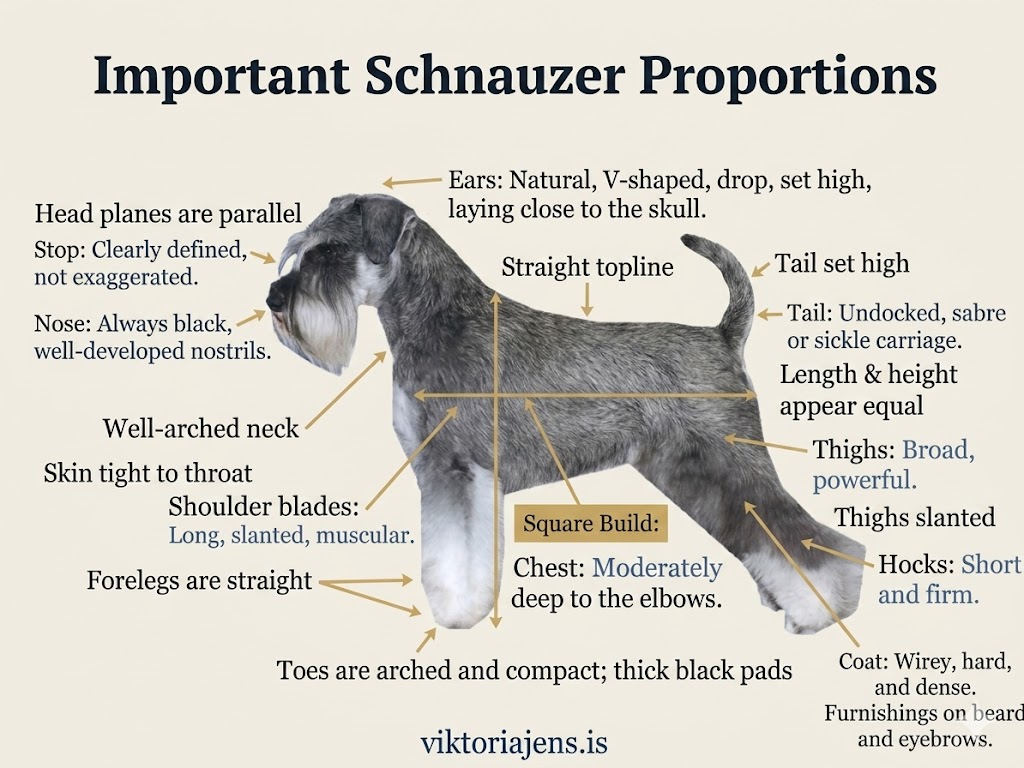 Diagram illustrating important proportions and characteristics of a Schnauzer, including head structure, neck arch, body shape, and tail position.