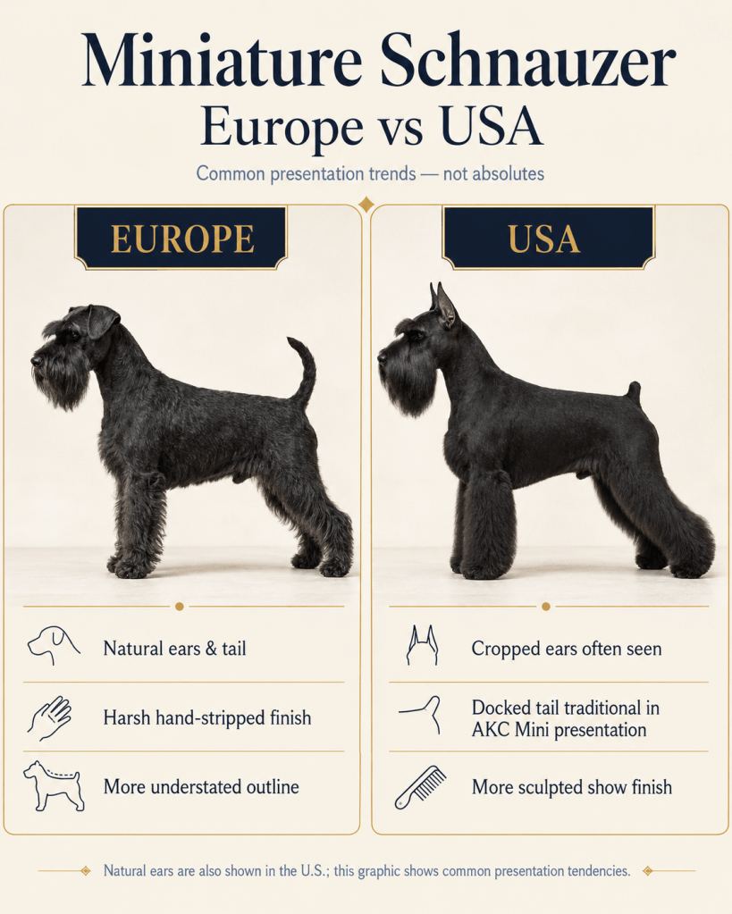Comparison graphic of Miniature Schnauzer breed presentations in Europe and the USA, highlighting differences in ear and tail styles, grooming finishes, and overall appearance.