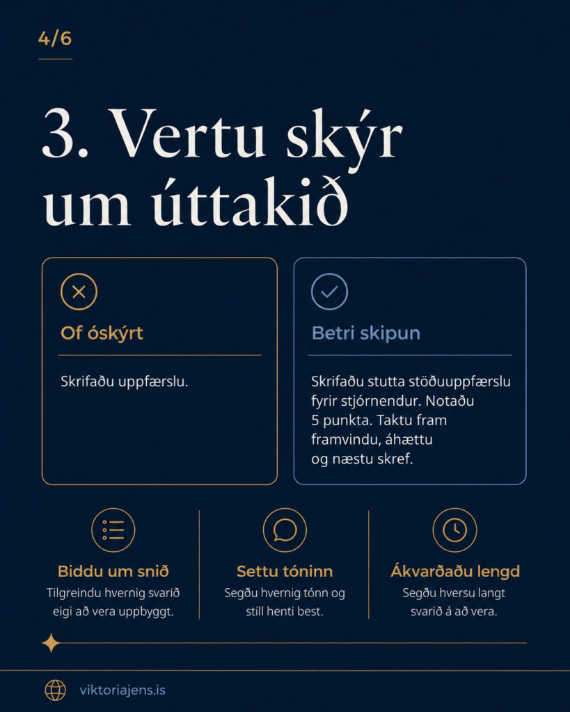 Infographic slide with instructions for creating clear responses. It includes points like 'Be clear,' 'Better structure,' 'Request feedback,' 'Set the tone,' and 'Decide length.' The design features a dark blue background with white and orange text.