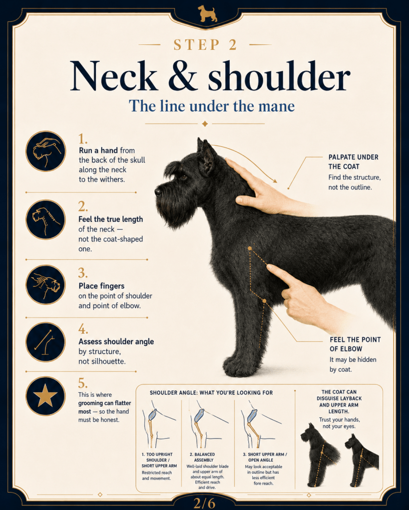 Instructional graphic for dog grooming, focusing on assessing the neck and shoulder angles. Steps include feeling the neck length, finding the point of shoulder and elbow, and tips on how grooming can affect appearance.