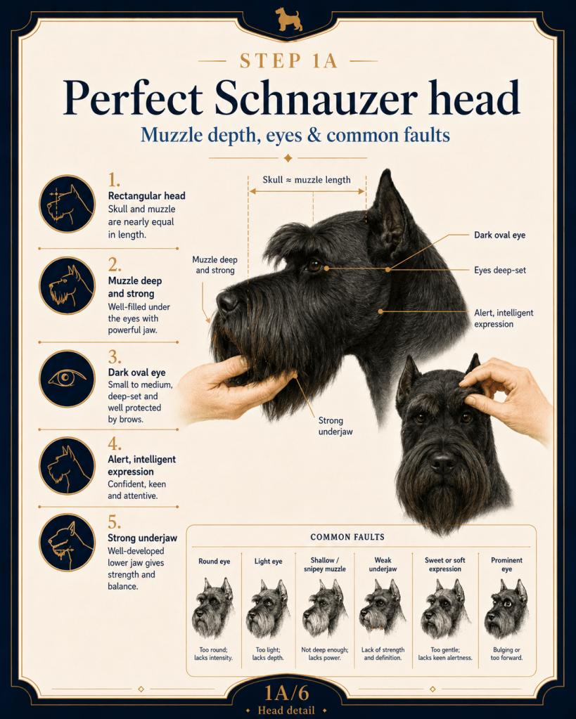 Infographic detailing the ideal characteristics of a Schnauzer's head, including muzzle depth, eye shape, and common faults.