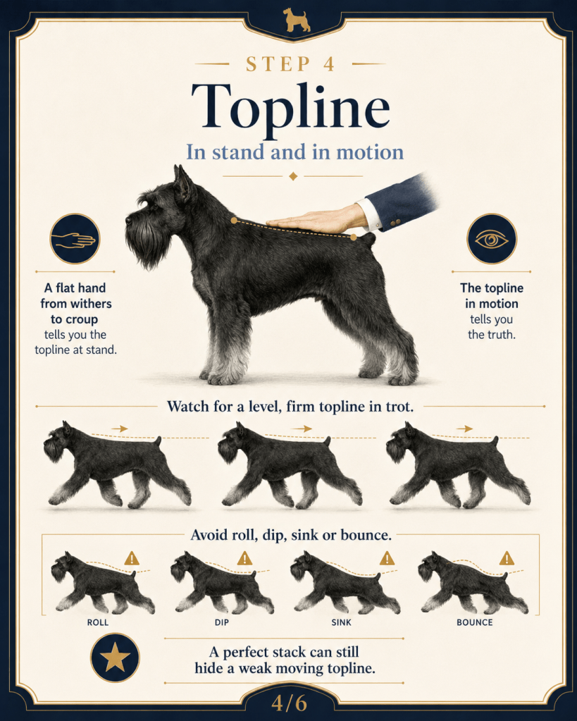 An instructional infographic on dog topline evaluation with various illustrations. It shows a schnauzer in different positions with guidance on how to assess its topline in both standing and motion, highlighting common mistakes like roll, dip, sink, or bounce.