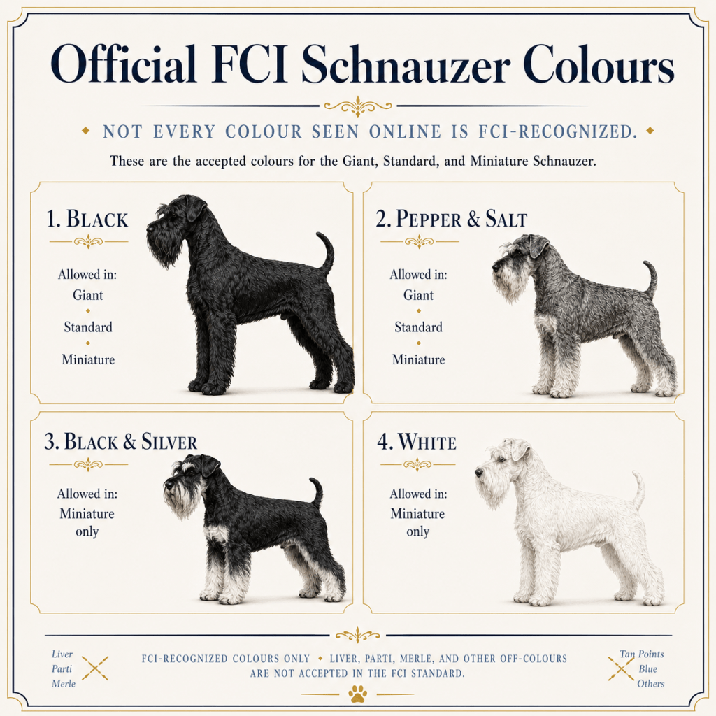 Infographic displaying the official FCI recognized colors for Schnauzers including Black, Pepper & Salt, Black & Silver, and White, along with their allowed sizes.