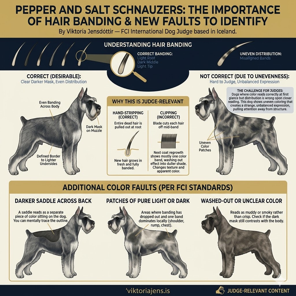Infographic explaining hair banding in pepper and salt Schnauzers, detailing correct banding, judge relevance, and color faults with illustrations and descriptions.