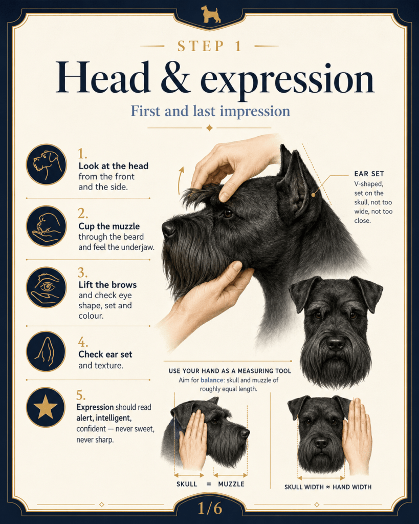 Infographic titled 'Step 1: Head & Expression' detailing how to evaluate a dog's head and expression with instructions and images showing methods to assess features like the muzzle, brows, and ears.