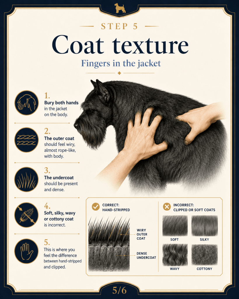 An infographic titled 'Step 5: Coat Texture' illustrating the process of checking dog coat texture with visual instructions, including tips on identifying wiry outer and dense undercoats versus incorrect soft, silky, or cottony coats.