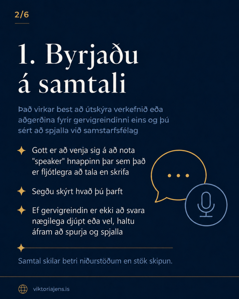 An infographic titled '1. Byrjiðu á samtali' outlining tips for initiating conversations with artificial intelligence, including using the speaker button for speaking instead of typing.