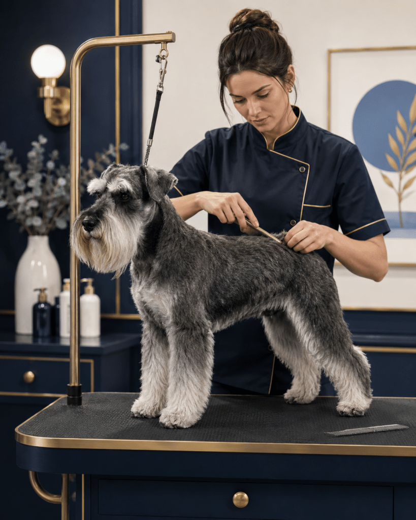 A groomer styling a Schnauzer dog on a grooming table, in a modern salon setting.