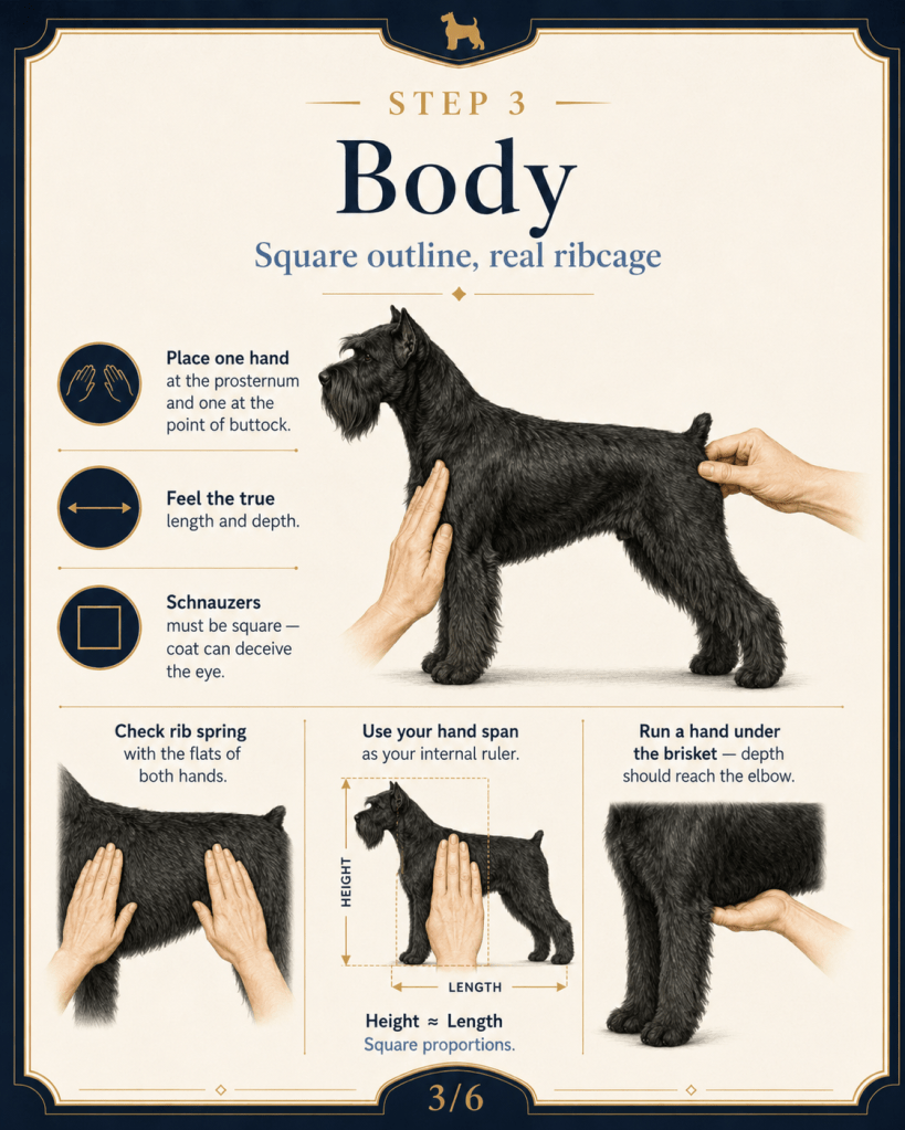 Infographic illustrating the third step of dog grooming or judging, focusing on the body measurements of a Schnauzer. The image includes instructions for checking the dog's ribcage, body proportions, and using hand spans for measurement.