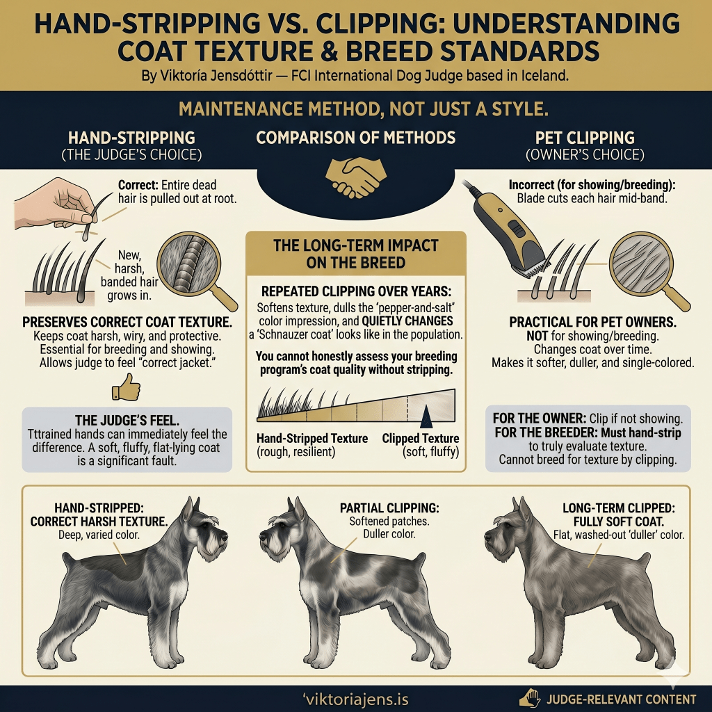 Infographic comparing hand-stripping and clipping methods for dog coat texture and breed standards, highlighting the long-term impact on coat quality.