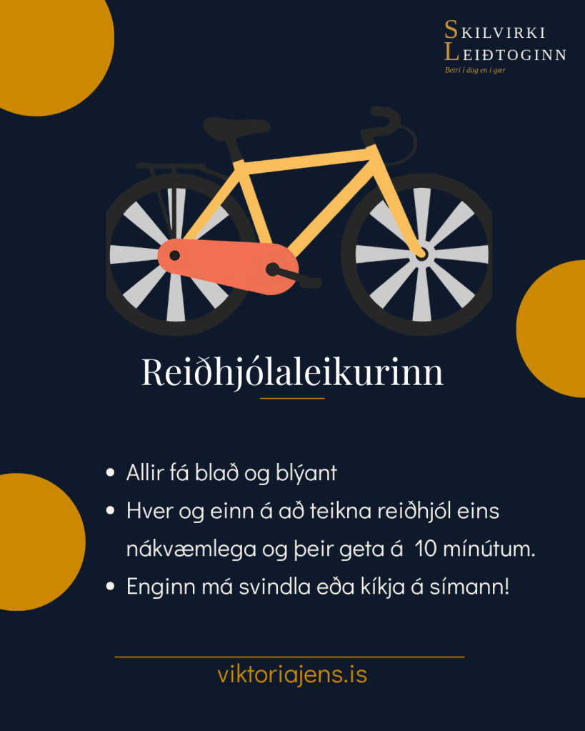 An illustrated bicycle with text in Icelandic promoting a bike drawing activity, stating that everyone can get a paper and pencil to draw a bicycle and that they have 10 minutes to complete it.