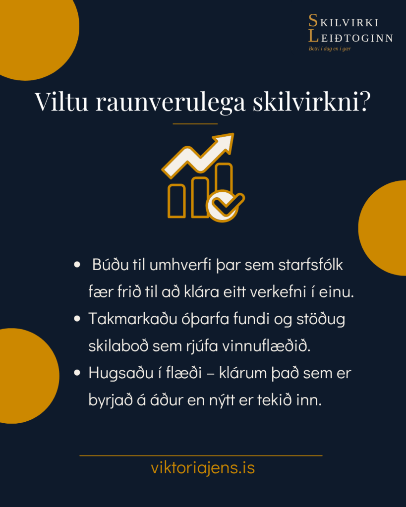 An infographic with a dark blue background featuring the question 'Do you really want to be productive?' at the top. Below is a graphic showing an upward trend with bars and a checkmark. The text includes points about creating an environment that allows focus on one task at a time, prioritizing essential meetings, and considering introductory phases before taking on new tasks. The website link 'viktoriajens.is' is also displayed.