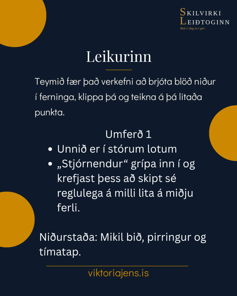 An image displaying a text-based game description titled 'Leikurinn', written in Icelandic, with key points and instructions about the game. The background is dark blue with orange elements.