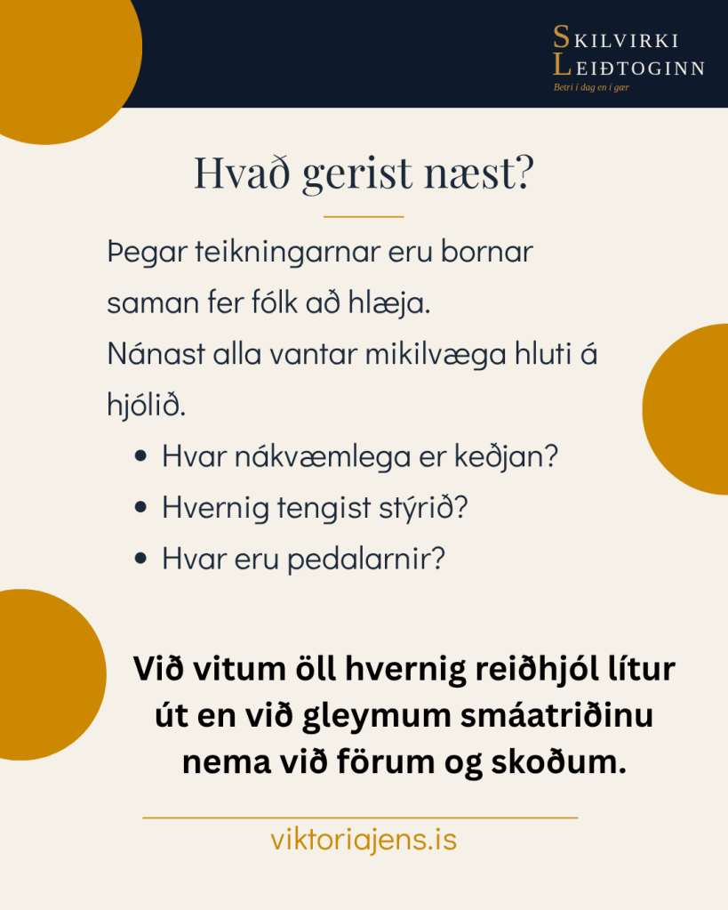 Graphic with text in Icelandic about bicycle maintenance, listing questions regarding bike components and their adjustments, along with a website URL.