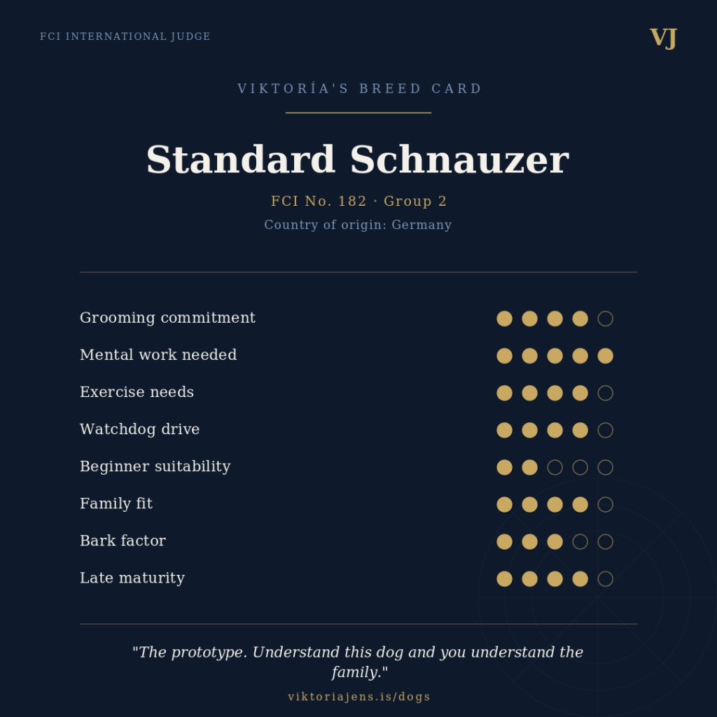 A breed card for the Standard Schnauzer detailing FCI number, group, country of origin, and various ratings for grooming commitment, mental work needed, exercise needs, watchdog drive, beginner suitability, family fit, bark factor, and late maturity.