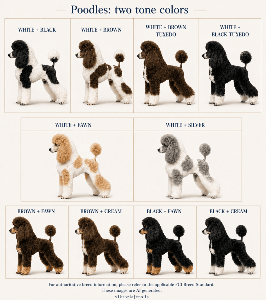 A collage of various poodle breeds displaying different two-tone color combinations including white and black, white and brown, white and brown tuxedo, white and black tuxedo, white and fawn, white and silver, brown and fawn, brown and cream, black and fawn, and black and cream.
