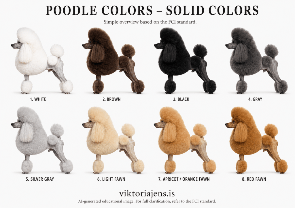 A chart displaying different solid colors of poodles, featuring eight variations: White, Brown, Black, Gray, Silver Gray, Light Fawn, Apricot/Orange Fawn, and Red Fawn.