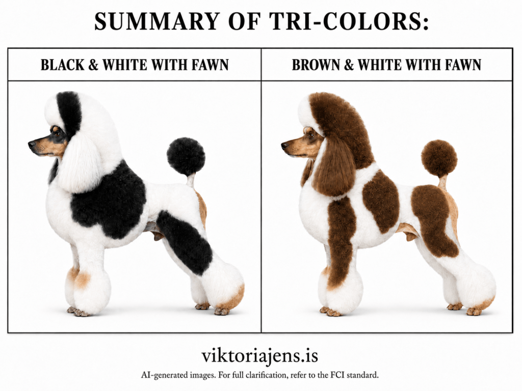 A side-by-side comparison of two poodles showcasing different tri-color patterns: one featuring black and white with fawn accents, and the other in brown and white with fawn accents.