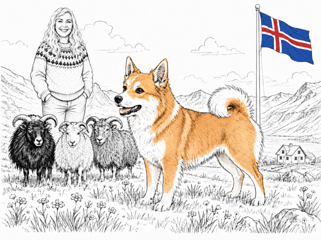 A smiling woman wearing a traditional Icelandic sweater stands beside a corgi dog in a grassy field, with three sheep in the background and an Icelandic flag waving on a pole.