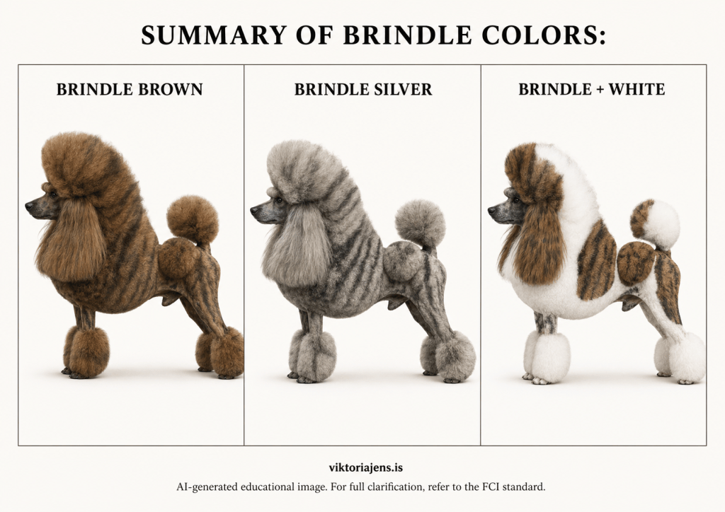 A summary of brindle colors in poodles, featuring three dogs: one brindle brown, one brindle silver, and one brindle with white.