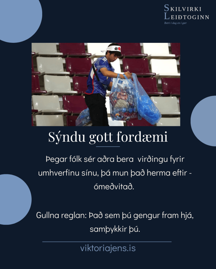 A person wearing a blue shirt and a headband is collecting trash in a stadium. The background shows empty seats. Text in Icelandic encourages environmental responsibility.