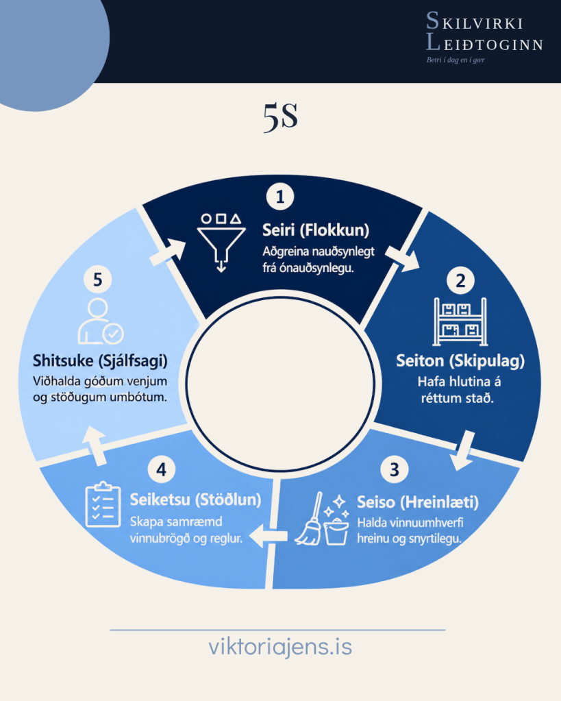Infographic illustrating the 5S methodology, including the steps: Seiri (Sort), Seiton (Set in Order), Seiso (Shine), Seiketsu (Standardize), and Shitsuke (Sustain). The design features a circular diagram with blue tones and explanatory text for each step.